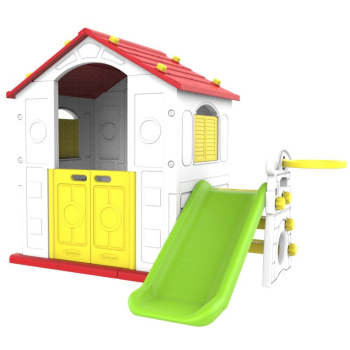 Domek Ogrodowy 3w1 dla dzieci Czerwony Dach + Zjeżdżalnia + Koszykówka